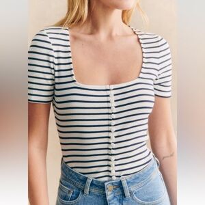 Sézane Grant Striped Square-Neck Button Front Ribbed Top small